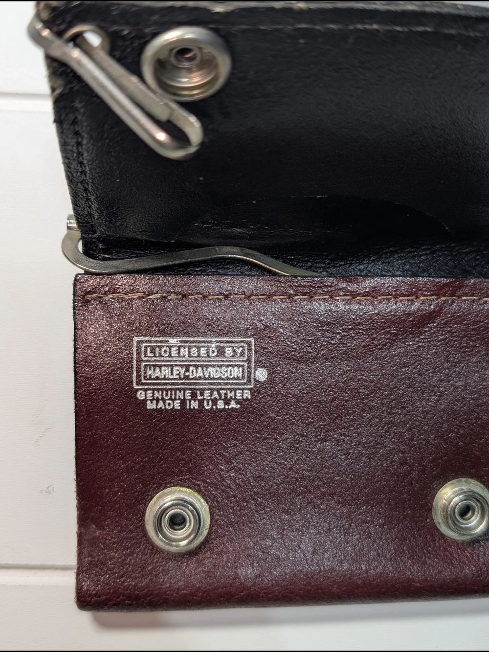Harley-Davidson Mens Cherry Brown Leather Trifold Wallet Money Clip Photo Insert